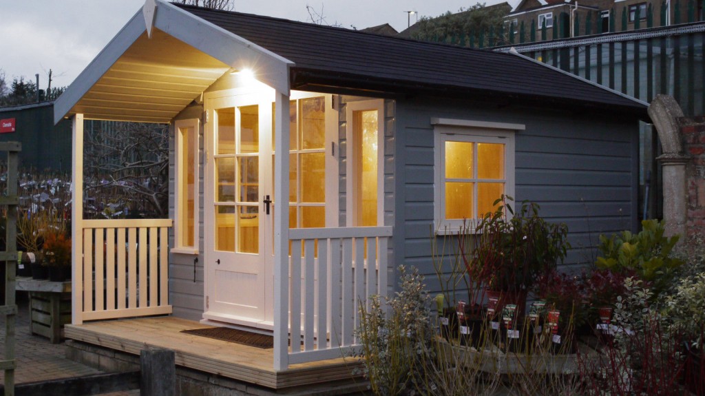 Lit summerhouse, The Wooden Workshop, Oakford, Tiverton, Devon.