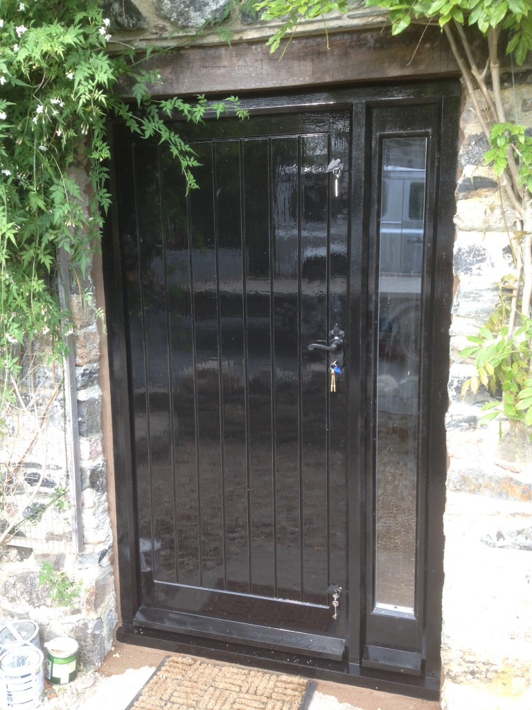 Black Gloss Security front Door with glazed panel, The Wooden Workshop, Oakford, Devon.