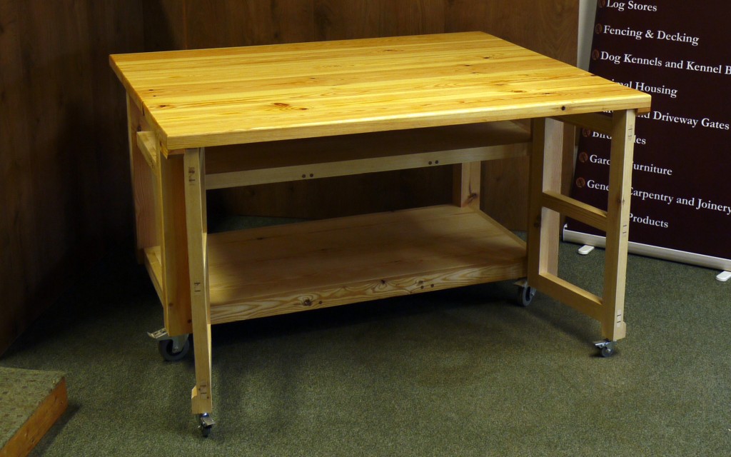 Wheeled Kitchen Island, Butcherblock, fabric table. The Wooden Workshop, Oakford, Devon.