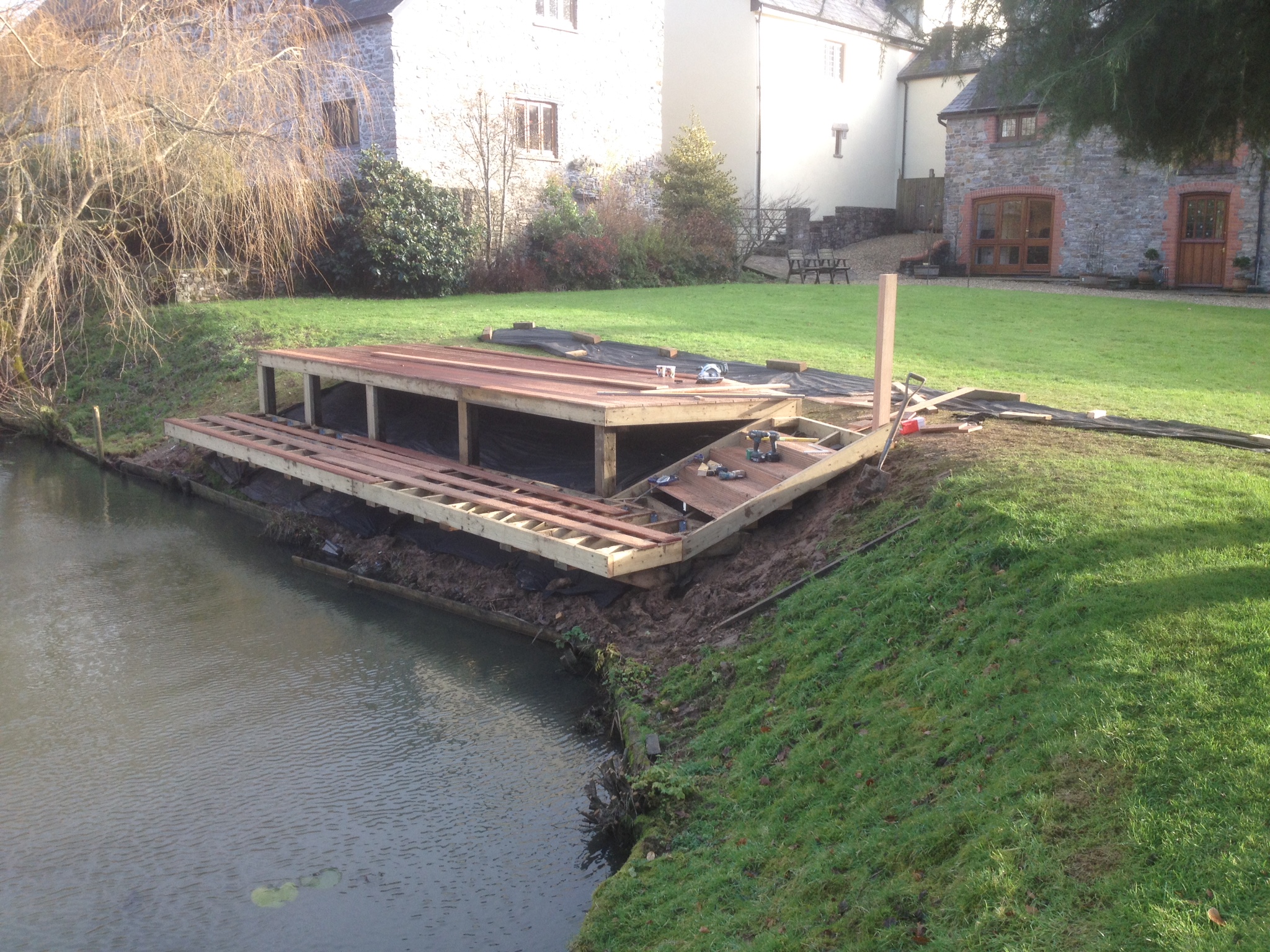 Timber framework for lake decking project