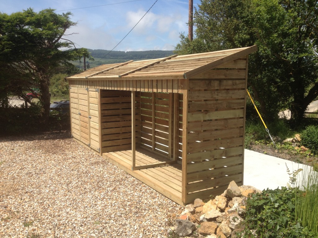 Timber Log & Bin Store with wheelie bin storage and log storage area. Heavy duty with timber roof