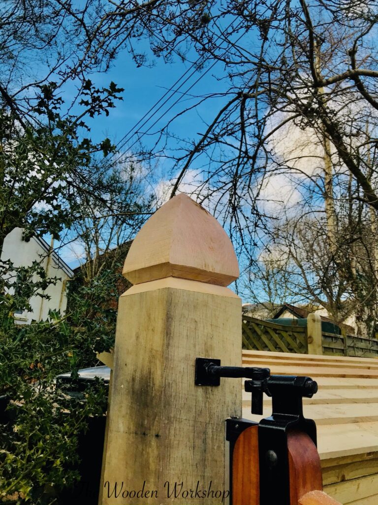 Oak Gate post shaping - The Wooden Workshop Bampton Devon