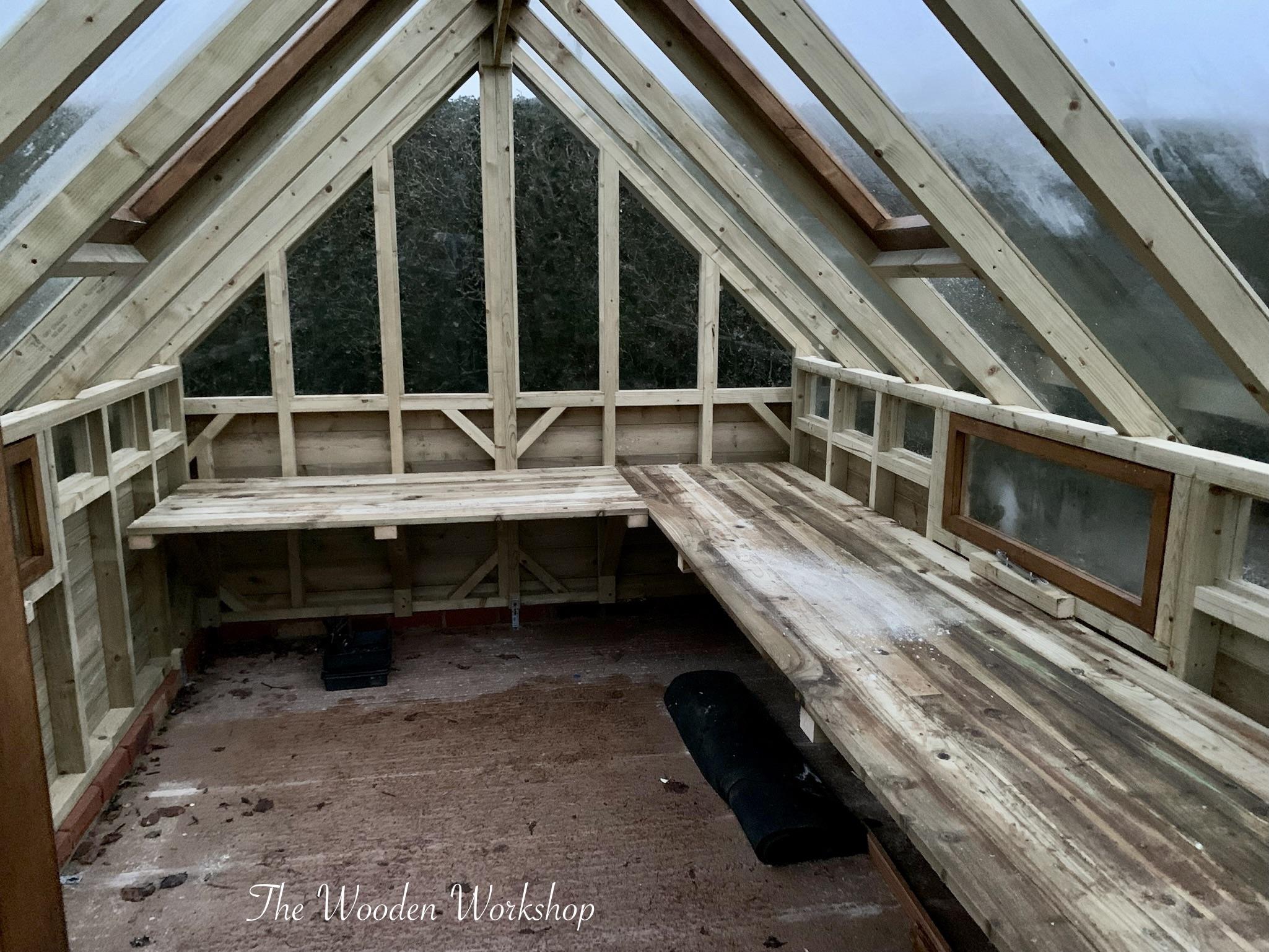 Shelving in timber greenhouse - The Wooden Workshop