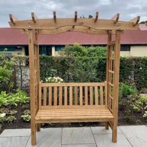 A seating arbour constructed from Oak to be used for wedding photos