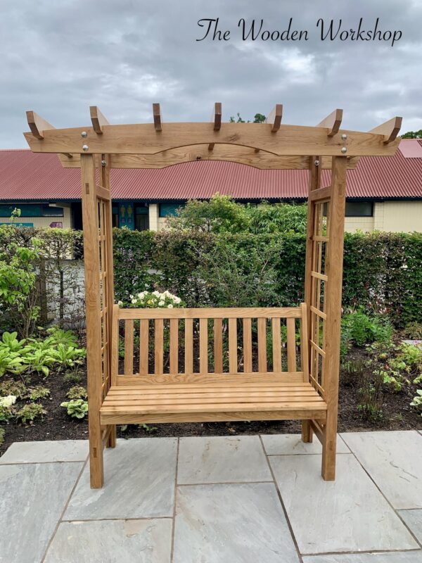 A seating arbour constructed from Oak to be used for wedding photos